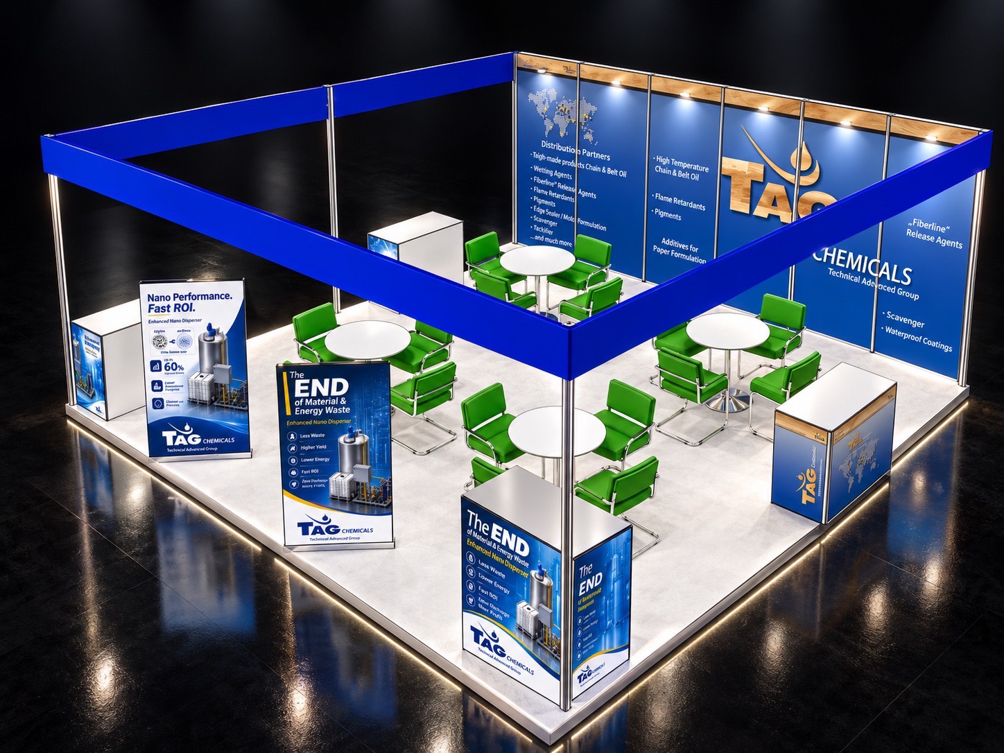 TAG Chemicals booth rendering showing meeting areas